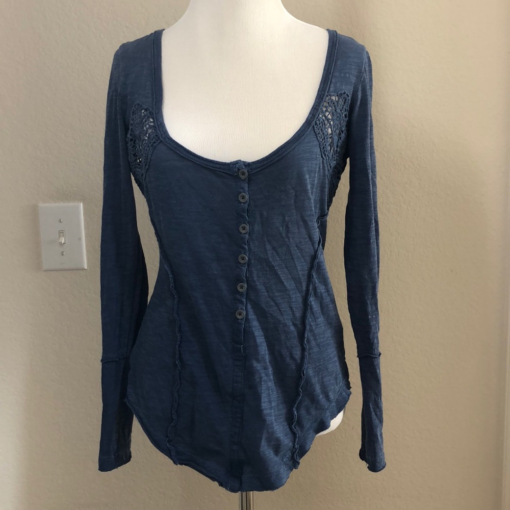 Free People Long Sleeve Blue Lace Detail Top